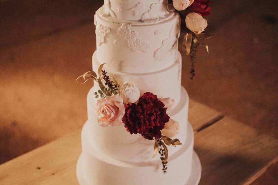 Lace & peonies wedding cake