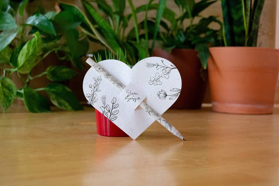 Lápiz y corazón de semillas