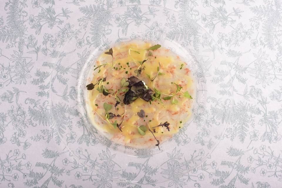 Canelón de langostinos sobre fondo de yogurt ahumado, hierbas  frescas y crujiente de crustáceos