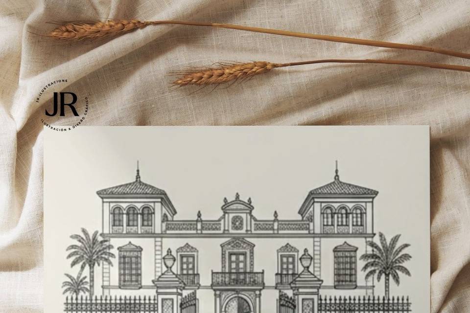 Ilustración de finca boda