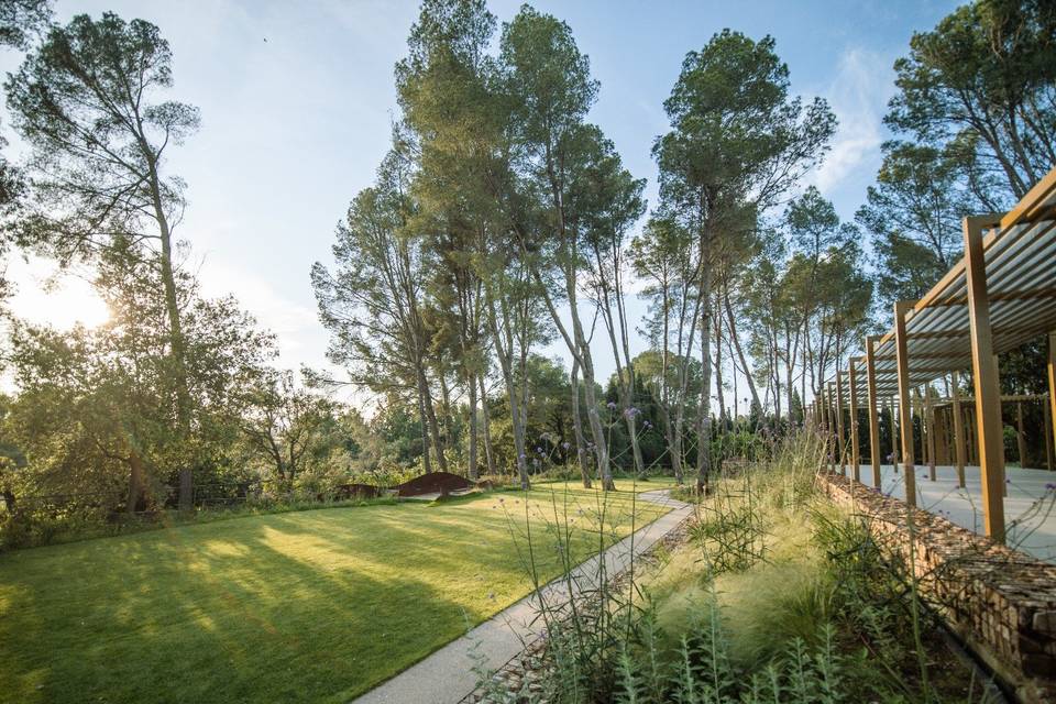 Jardín con fuente y césped