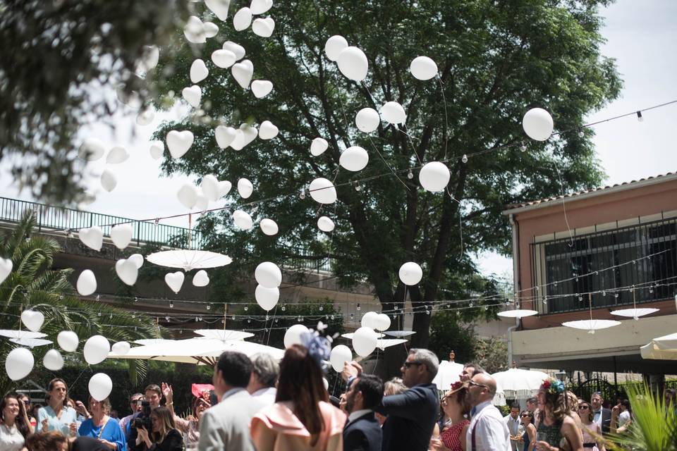 Suelta de globos en el jardín