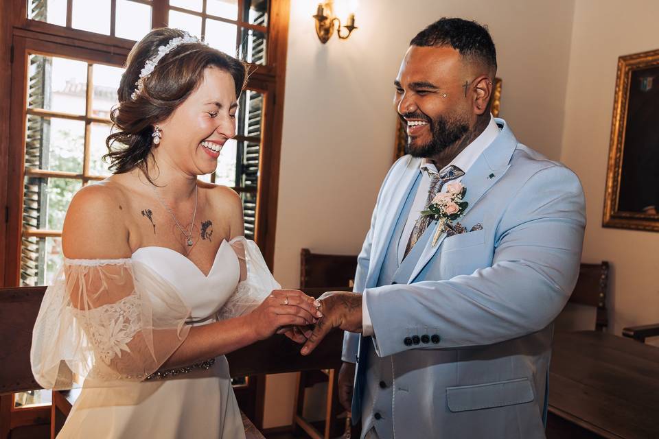 Bride and groom laughing