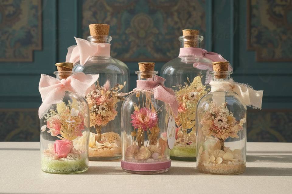 Botellas de cristal con flores