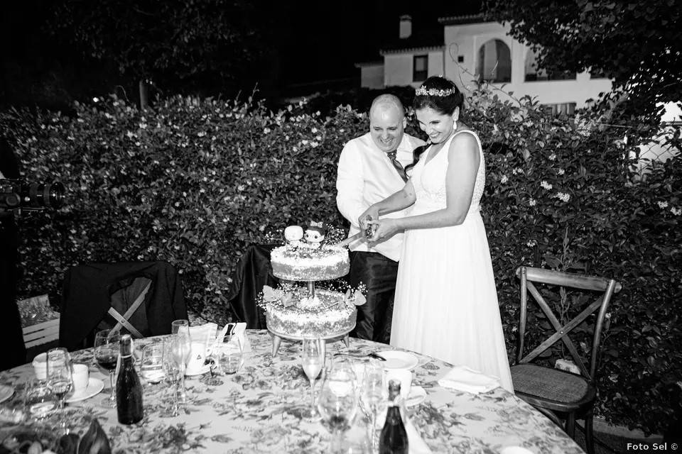 Novios cortando la tarta