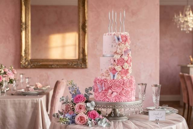 Tarta de boda con crema rosa