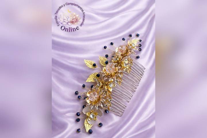 Tocado floral dorado y azul