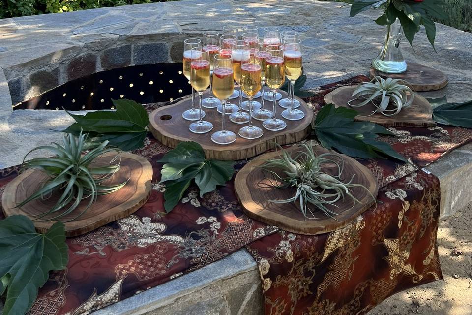 Mesa de fuego y aperitivo