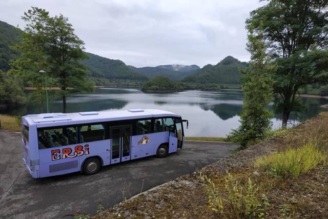 Autobus frente al lago