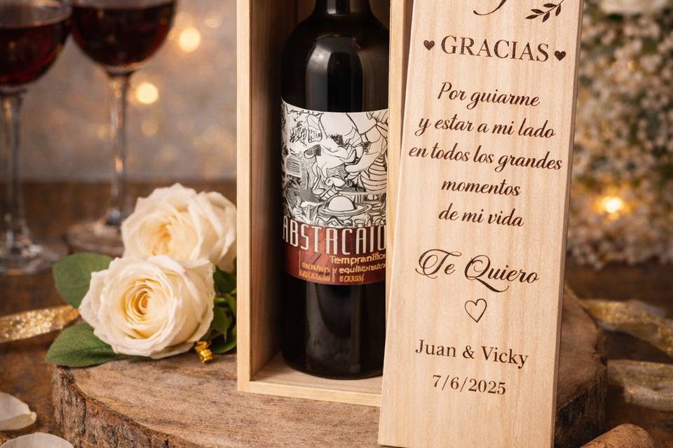 Caja botella de vino grabada